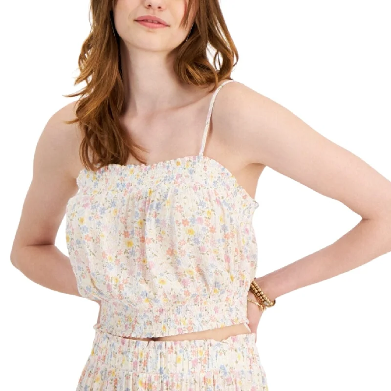 HIPPIE ROSE - Juniors' Printed Smocked Tank Top charcoal tank top