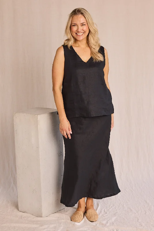Katie Bias Cut Linen Skirt in Black denim skirt casual