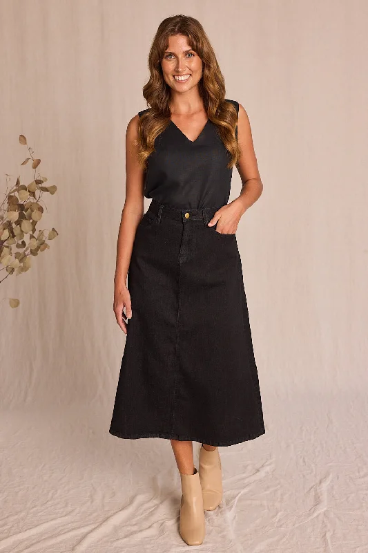 Adrift Denim A-Line Skirt in Black seamless skirt comfort
