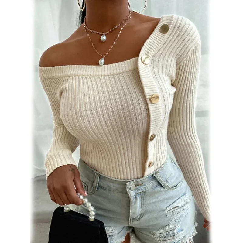 Women's Knitted Solid Color Pullover Sweater Fleece Warm Pullover