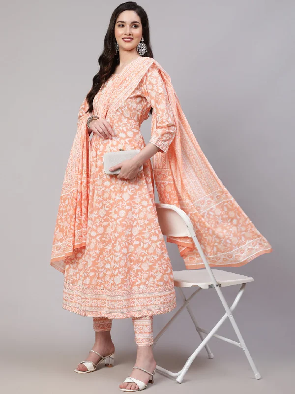 Women's Peach Printed Anarkali Kurta With Trouser and Dupatta - Nayo Clothing Trousers Canvas Durable Women's Peach Printed Anarkali Kurta With Trouser and Dupatta - Nayo Clothing Trousers Canvas Durable
