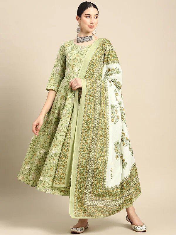 Women's Green Floral Printed Anarkali Kurta With Trouser And Dupatta - Nayo Clothing Trousers Vintage Classic Women's Green Floral Printed Anarkali Kurta With Trouser And Dupatta - Nayo Clothing Trousers Vintage Classic