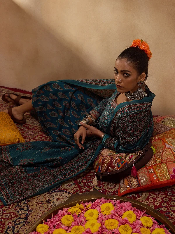 Women Teal Printed A-Line Kurta Trousers With Dupatta Set Trousers Harem Relaxed Fit Women Teal Printed A-Line Kurta Trousers With Dupatta Set Trousers Harem Relaxed Fit
