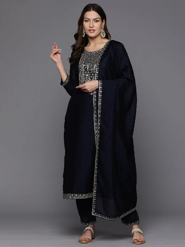 Women Navy Blue Embroidered Straight Kurta Trousers With Dupatta Set Trousers Sale Discount Women Navy Blue Embroidered Straight Kurta Trousers With Dupatta Set Trousers Sale Discount
