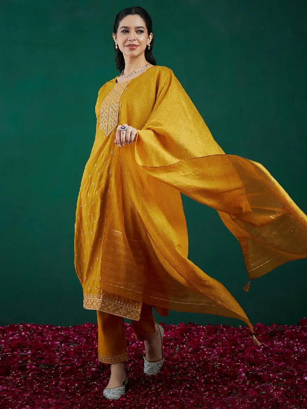 Women Mustard Embroidered Straight Kurta Trousers With Dupatta Set Trousers versatile functional Women Mustard Embroidered Straight Kurta Trousers With Dupatta Set Trousers versatile functional