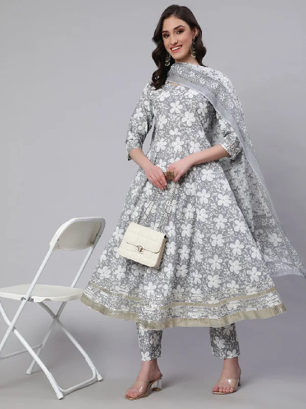Women's Grey Ethnic Printed Anarkali Kurta With Trouser And Dupatta - Nayo Clothing Trousers Winter Warm Women's Grey Ethnic Printed Anarkali Kurta With Trouser And Dupatta - Nayo Clothing Trousers Winter Warm