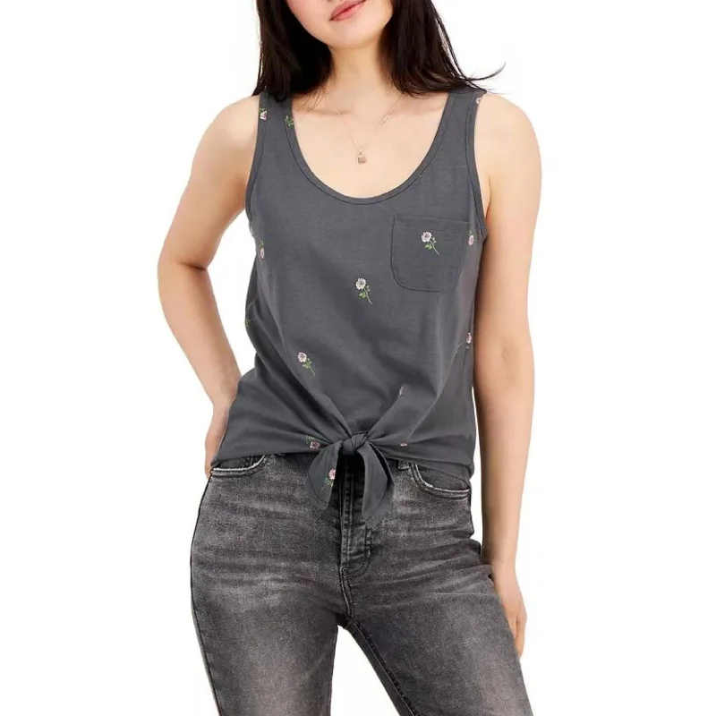 REBELLIOUS ONE  -  Rose-Print Tie-Hem Tank Top scoop neck tank