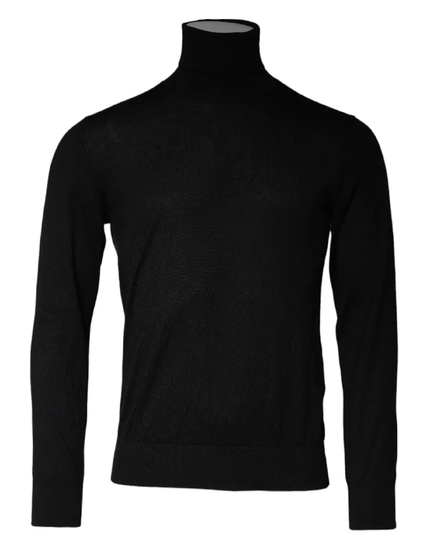 Black Longsleeve Turtleneck Pullover Sweater Asymmetrical Hem Sweater