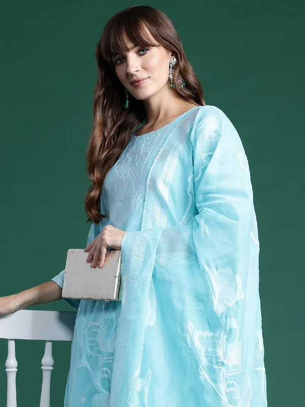 Women Blue Woven Design Straight Kurta Trousers Set Trousers Running Lightweight