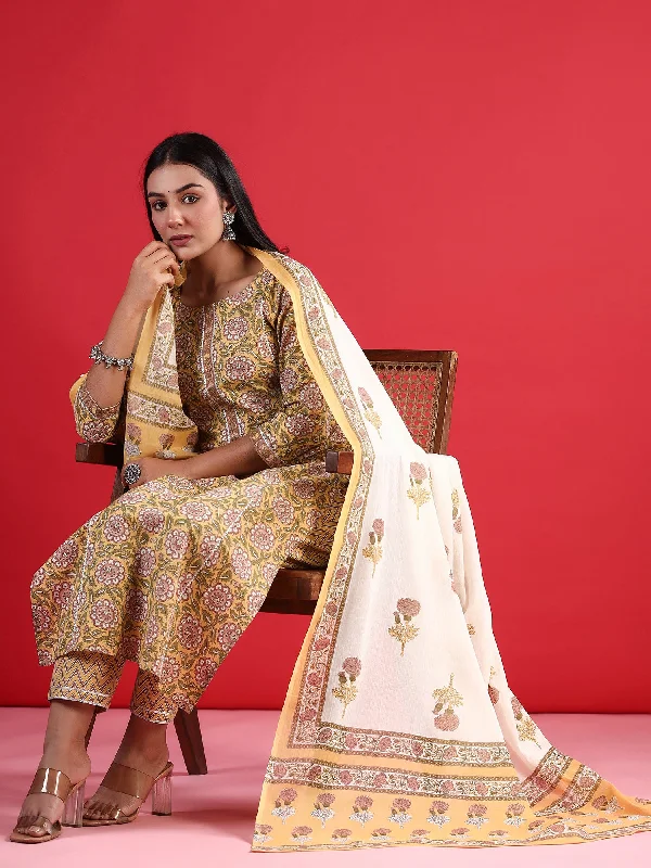 Women Yellow Printed Straight Kurta Trousers With Dupatta Set Trousers Formal Black