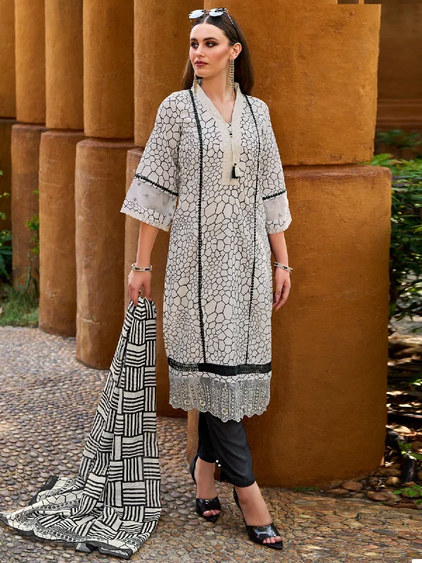 Women Off White Printed Straight Kurta Trousers With Dupatta Set Trousers Culottes Wide Leg Women Off White Printed Straight Kurta Trousers With Dupatta Set Trousers Culottes Wide Leg