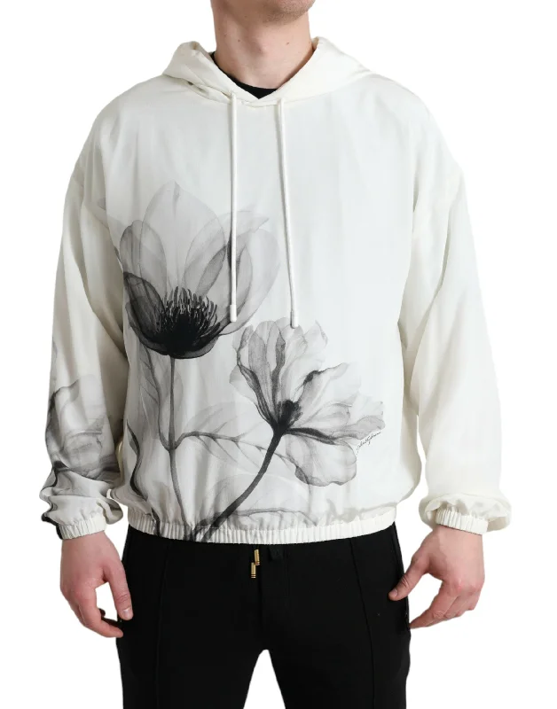 Elegant Floral Silk Hooded Pullover Asymmetrical Hem Sweater