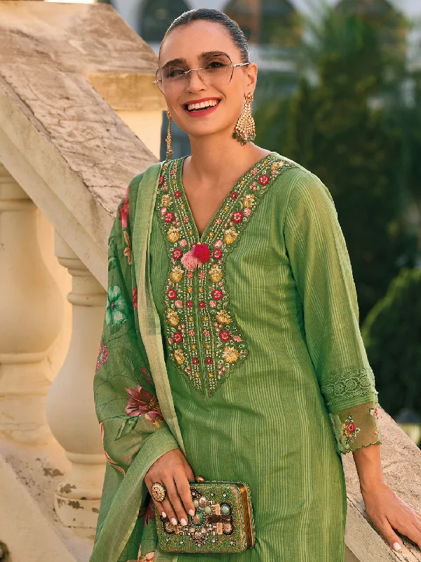 Women Green Embroidered Straight Kurta Trousers With Dupatta Set Trousers Recommended Stylist