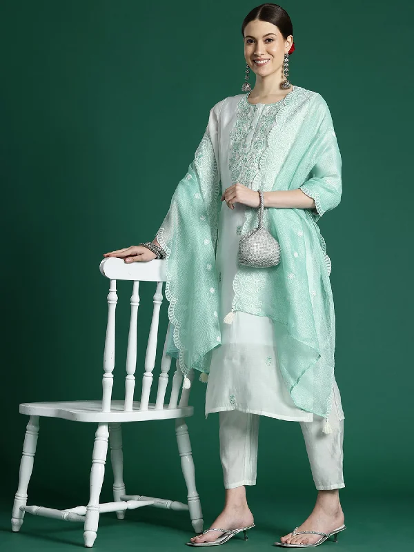 Women White Embroidered Straight Kurta Trousers With Dupatta Set Trousers Seasonal Trendy Women White Embroidered Straight Kurta Trousers With Dupatta Set Trousers Seasonal Trendy