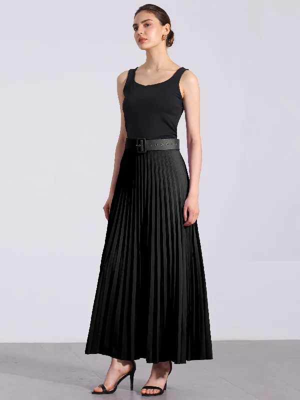 Flowy Pleated Elastic High Waist Belted Swing A-line Maxi Skirt silk skirt lustrous