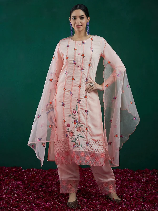 Women Peach Embroidered Straight Kurta Trousers With Dupatta Set Trousers Mesh Breathable Women Peach Embroidered Straight Kurta Trousers With Dupatta Set Trousers Mesh Breathable