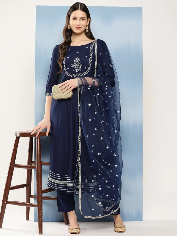 Women's Navy Blue Embroidered Anarkali Kurta With Trouser And Dupatta - Nayo Clothing Trousers Mesh Breathable Women's Navy Blue Embroidered Anarkali Kurta With Trouser And Dupatta - Nayo Clothing Trousers Mesh Breathable