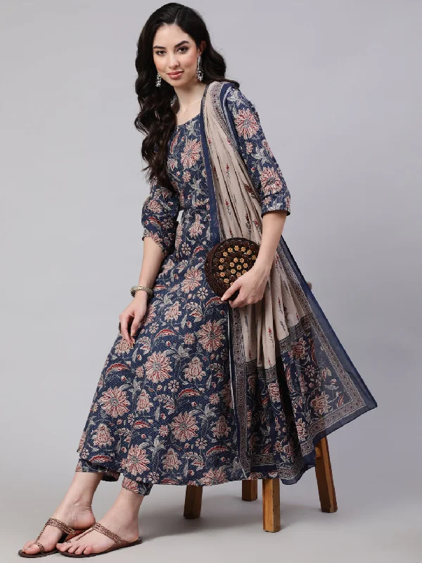 Women's Blue Floral Printed Anarkali Kurta With Trouser And Dupatta - Nayo Clothing Trousers Occasion Special Women's Blue Floral Printed Anarkali Kurta With Trouser And Dupatta - Nayo Clothing Trousers Occasion Special