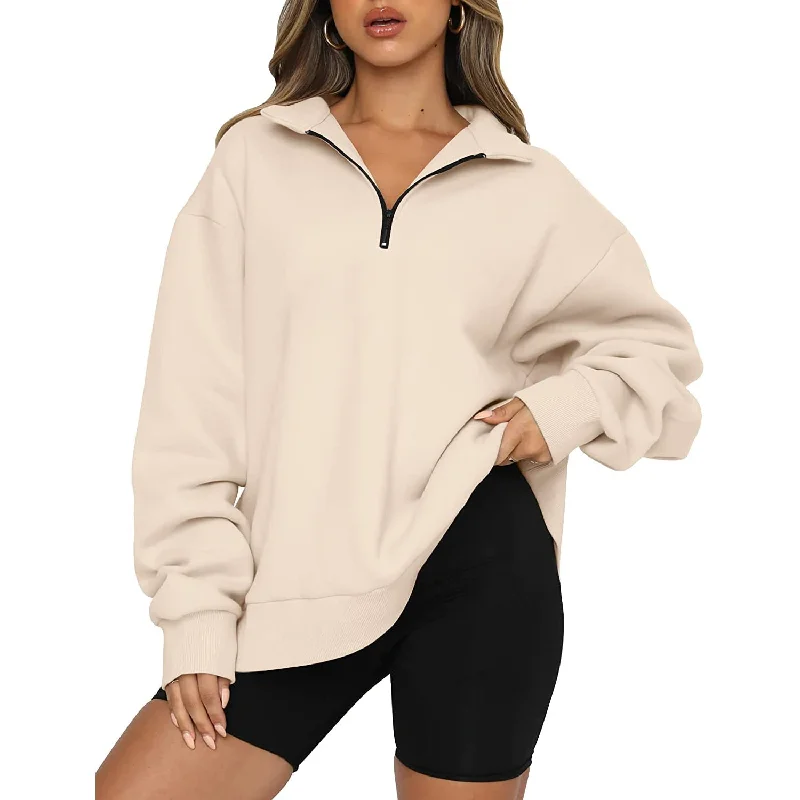 Womens Oversized Half Zip Pullover Long Sleeve Sweatshirt Ribbed Crew Neck