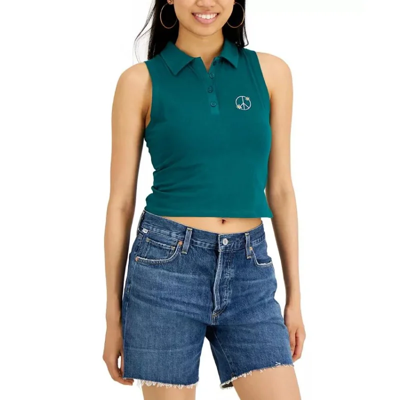 PLANET GOLD - Cotton Embroidered Polo Tank Top one shoulder tank