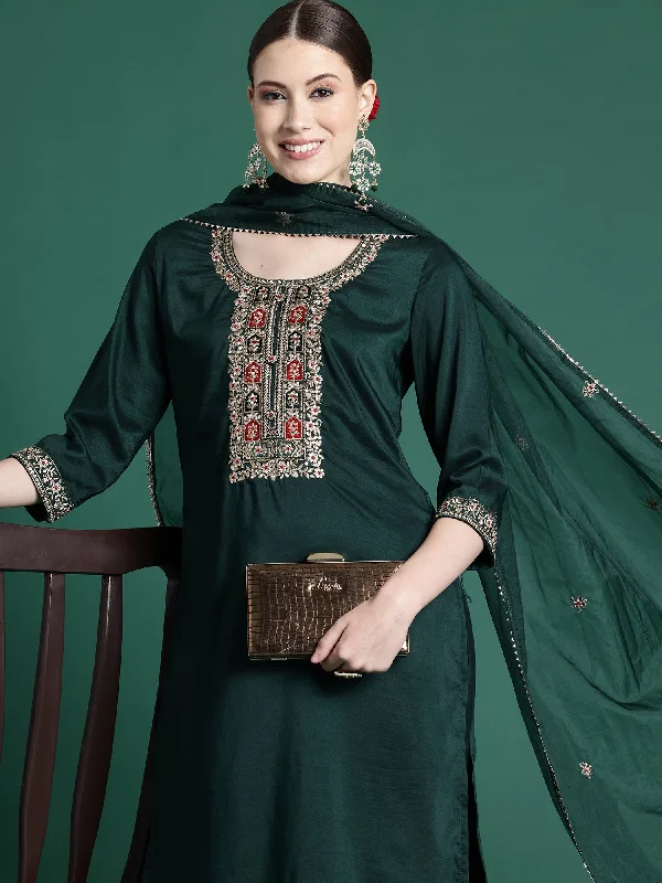 Women Green Embroidered Straight Kurta Trousers With Dupatta Set Trousers Evening Elegant Women Green Embroidered Straight Kurta Trousers With Dupatta Set Trousers Evening Elegant