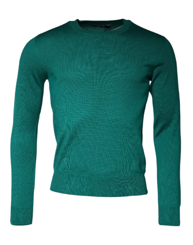 Green Wool Knit Crew Neck Pullover Sweater Cold Shoulder Design