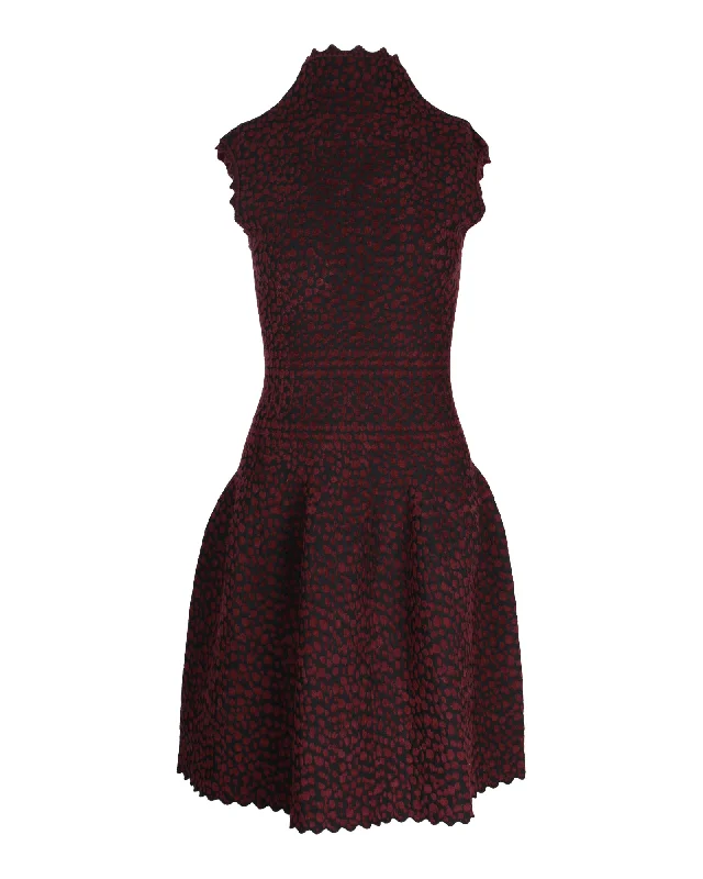 Alaia Spotted Fit-and-Flare Dress in Burgundy Viscose