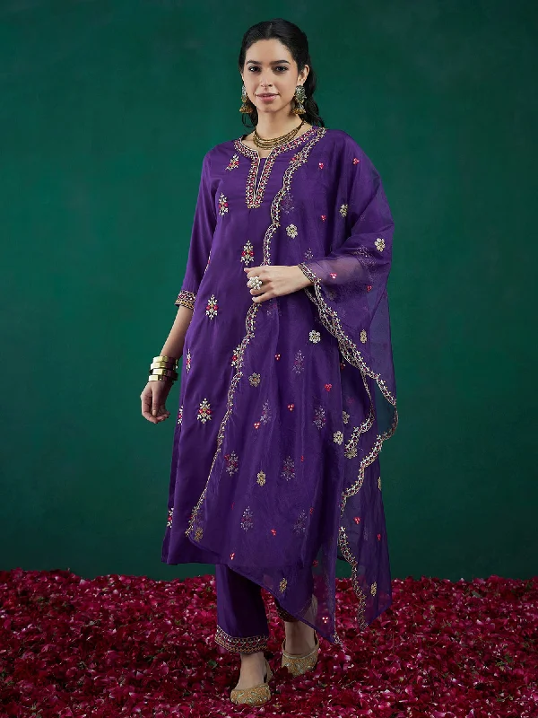 Women Purple Embroidered Straight Kurta Trousers With Dupatta Set Trousers Bridal Satin Women Purple Embroidered Straight Kurta Trousers With Dupatta Set Trousers Bridal Satin
