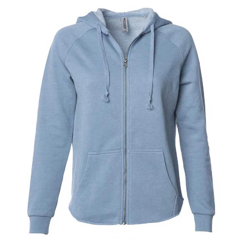 Independent Trading Co. Women's Misty Blue California Wave Wash Full-Zip Hooded Sweatshirt Hoodie with Back Slit Movement Comfort Independent Trading Co. Women's Misty Blue California Wave Wash Full-Zip Hooded Sweatshirt Hoodie with Back Slit Movement Comfort