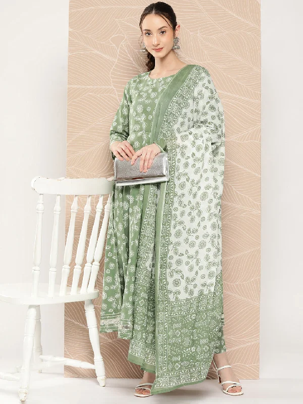 Women's Green Floral Printed Anarkali Kurta With Trouser And Dupatta - Nayo Clothing Trousers Designer Luxury Women's Green Floral Printed Anarkali Kurta With Trouser And Dupatta - Nayo Clothing Trousers Designer Luxury