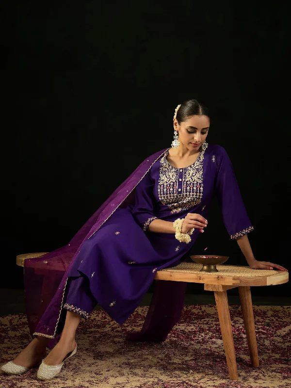 Women Purple Embroidered Straight Kurta Trousers With Dupatta Set Trousers Winter Warm Women Purple Embroidered Straight Kurta Trousers With Dupatta Set Trousers Winter Warm