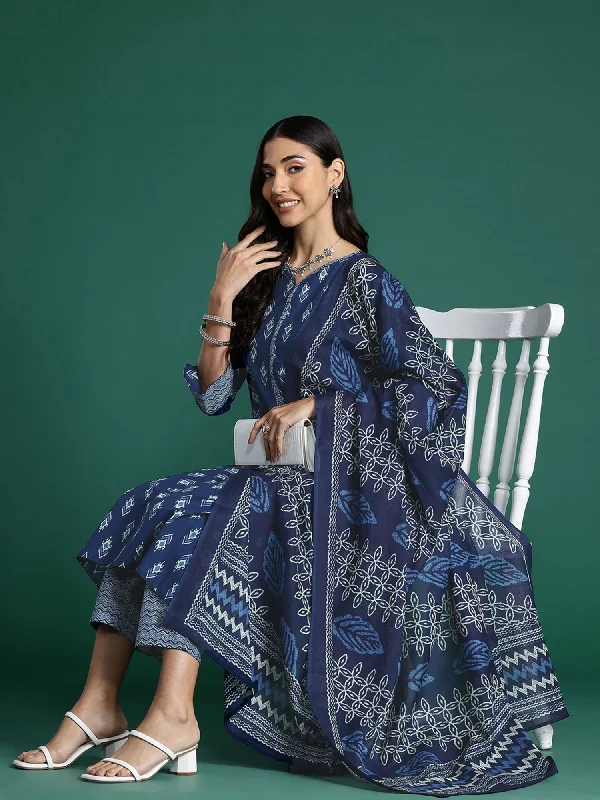 Women Blue Printed Straight Kurta Trousers With Dupatta Set Trousers stylish modern