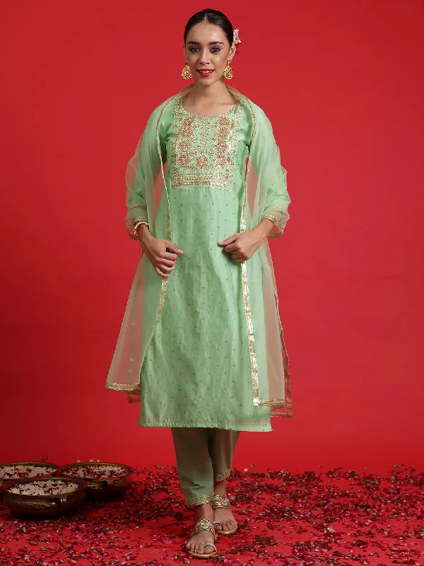 Women Green Embroidered Straight Kurta Trousers With Dupatta Set Trousers Solid Black Women Green Embroidered Straight Kurta Trousers With Dupatta Set Trousers Solid Black