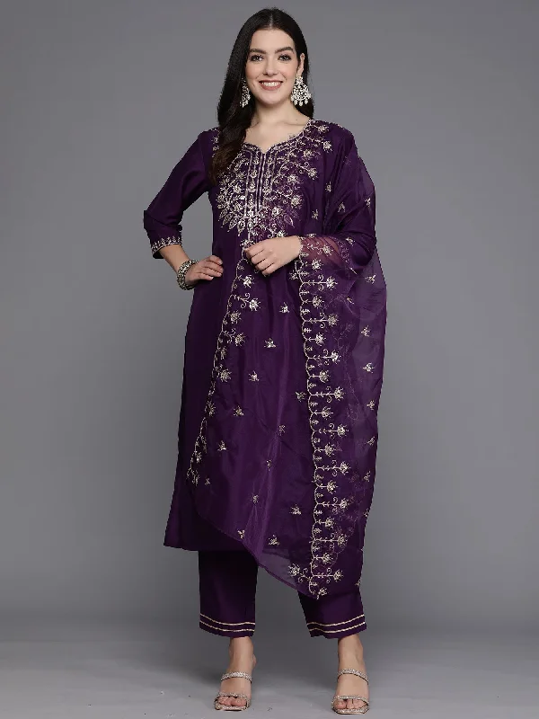 Women Purple Embroidered Straight Kurta Trousers With Dupatta Set Trousers Denim Distressed Women Purple Embroidered Straight Kurta Trousers With Dupatta Set Trousers Denim Distressed