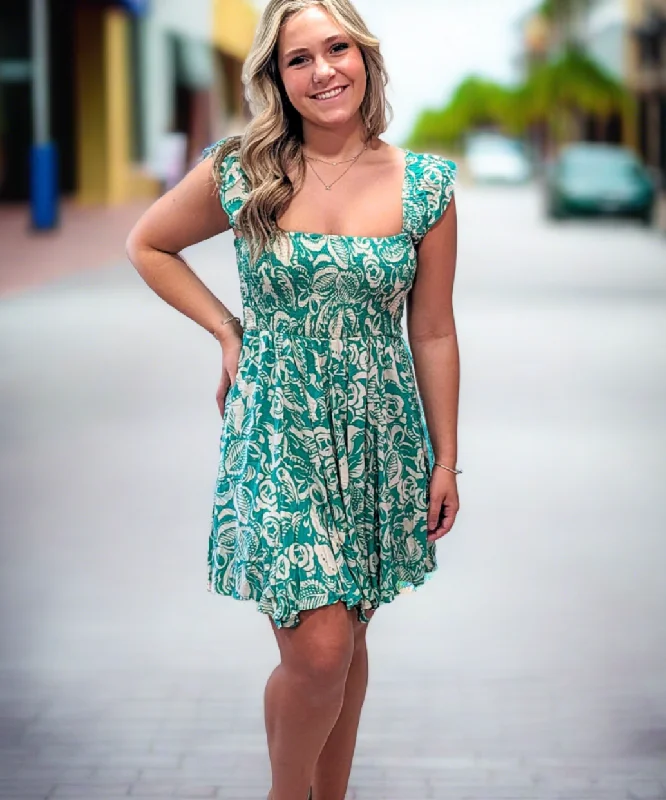 Floral Print Dress With Smocked Chest - Green Mix