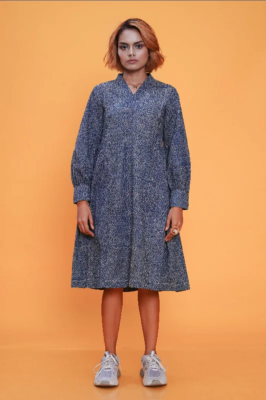 Hand block printed clear sky timeless dress