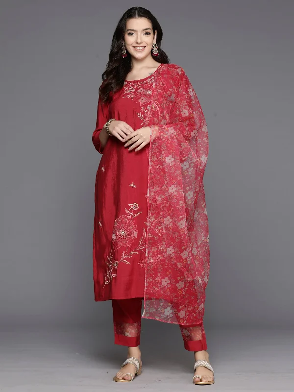 Women Red Embroidered Straight Kurta Trousers With Dupatta Set Wide Leg Loose Fit Mid Waist Women Red Embroidered Straight Kurta Trousers With Dupatta Set Wide Leg Loose Fit Mid Waist