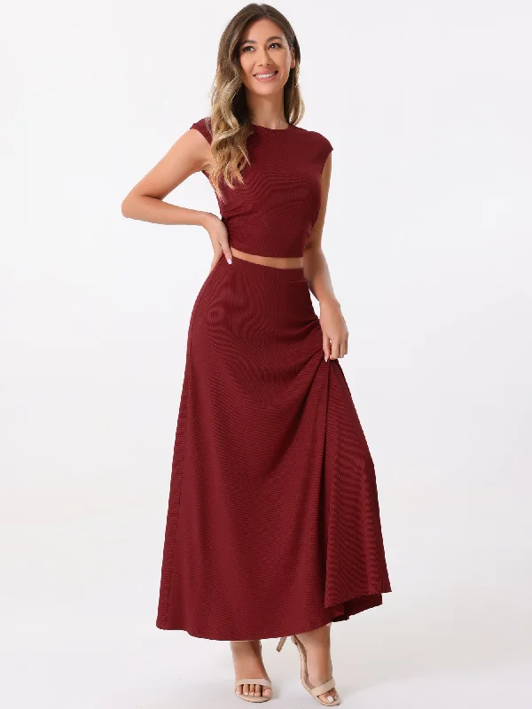 2 Pieces Ribbed Knit Cap Sleeve Cropped Top and Elastic Waist A-Line Maxi Skirt Set chiffon skirt flowing