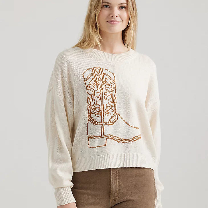 Wrangler Retro Women's Cowgirl Boot Pullover Sweater in White Port Neck Pullover