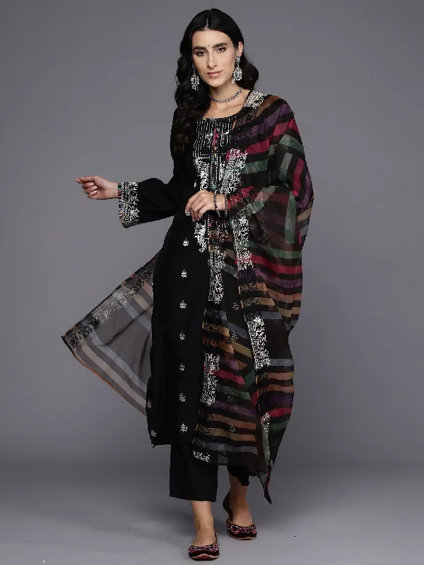 Women Black Embroidered Straight Kurta Trousers With Dupatta Set Trousers Sale Discount Women Black Embroidered Straight Kurta Trousers With Dupatta Set Trousers Sale Discount