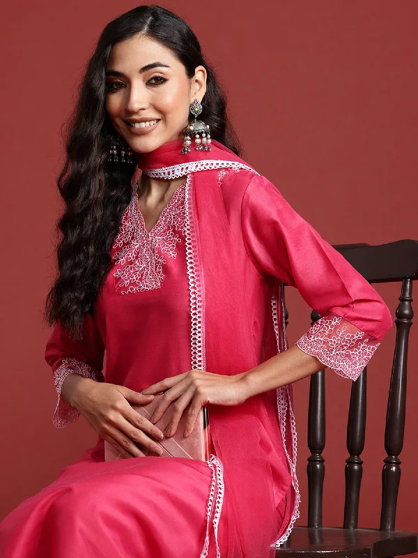 Women Pink Embroidered Straight Kurta Trousers With Dupatta Set Trousers chic elegant Women Pink Embroidered Straight Kurta Trousers With Dupatta Set Trousers chic elegant