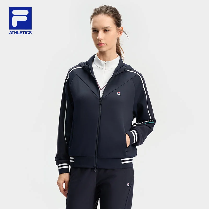 FILA CORE ATHLETICS TENNIS PREPPY NOSTALGIA Women Knit Jacket (Navy / White) Notch Collar Peter Pan Collar Cowl Neck FILA CORE ATHLETICS TENNIS PREPPY NOSTALGIA Women Knit Jacket (Navy / White) Notch Collar Peter Pan Collar Cowl Neck