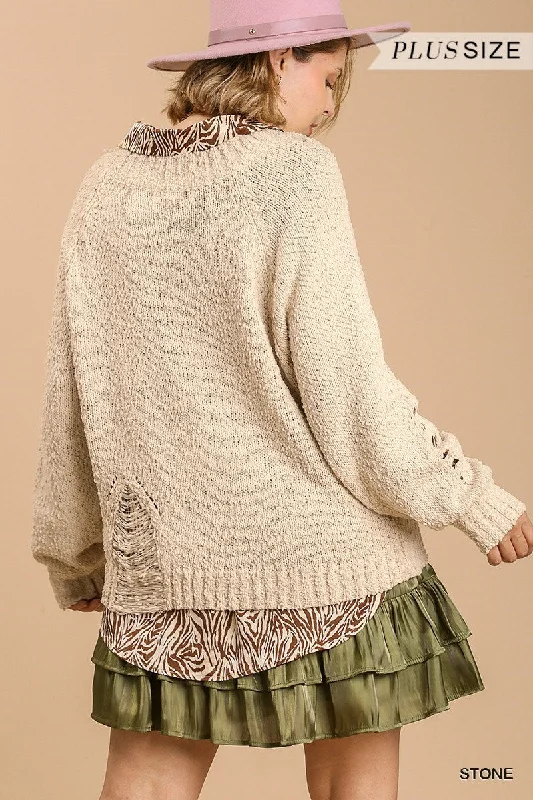 Stone Distressed Detail Round Neck Pullover Sweater Cashmere Luxurious Pullover