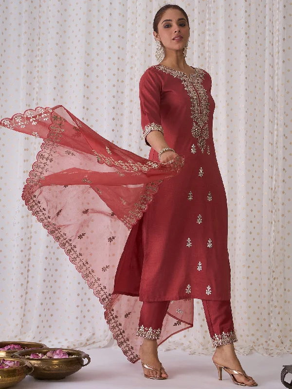 Women Rust Embroidered Straight Kurta Trousers With Dupatta Set Trousers Fall Fleece Women Rust Embroidered Straight Kurta Trousers With Dupatta Set Trousers Fall Fleece