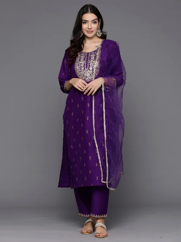 Women Purple Embroidered Straight Kurta Trousers With Dupatta Set Trousers High Rise Slim Fit Women Purple Embroidered Straight Kurta Trousers With Dupatta Set Trousers High Rise Slim Fit