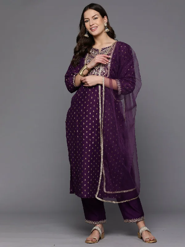 Women Purple Embroidered Straight Kurta Trousers With Dupatta Set Trousers Cargo pockets Women Purple Embroidered Straight Kurta Trousers With Dupatta Set Trousers Cargo pockets