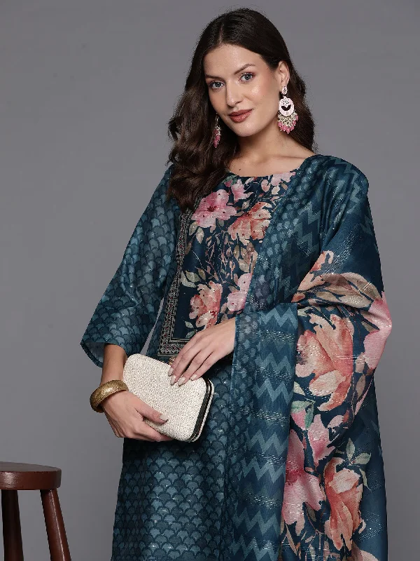 Women Teal Printed Straight Kurta Trousers With Dupatta Set Trousers Summer Linen