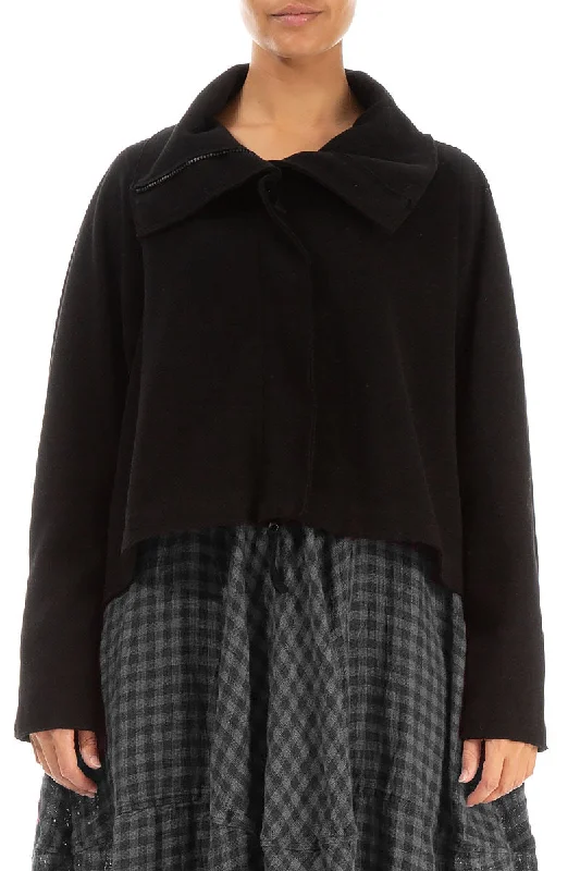 Zip Collar Black Cotton Jersey Jacket Hooded Jacket Caped Jacket Shawl Collar Jacket Zip Collar Black Cotton Jersey Jacket Hooded Jacket Caped Jacket Shawl Collar Jacket