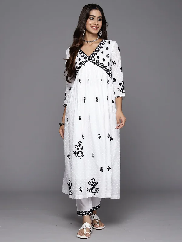 Women White Embroidered Straight Kurta Trousers  Set Trousers Modern Contemporary