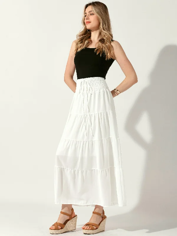 Smocked Elastic Waist Tiered A-Line Maxi Skirt corduroy skirt durable